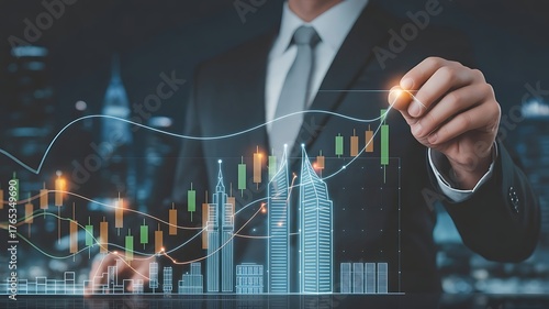 Consultant studying investment data through holographic graphs to identify profitable business opportunities.