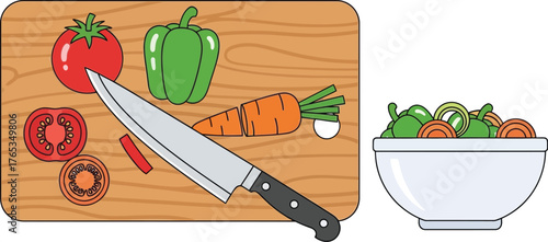 Fresh vegetables being prepared for a healthy meal, showing a knife, tomato, pepper, and carrot on a cutting board next to a bowl of salad.