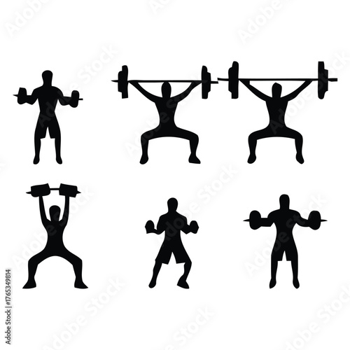 Set of 13 weightlifting vector silhouettes: athletes lifting barbells, Dumble, training, and competing. Perfect for sports, fitness, and strength illustrations