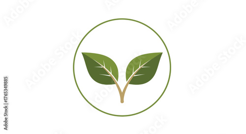 Simple green leaves sprout from a stem within a circle, symbolizing growth and nature.