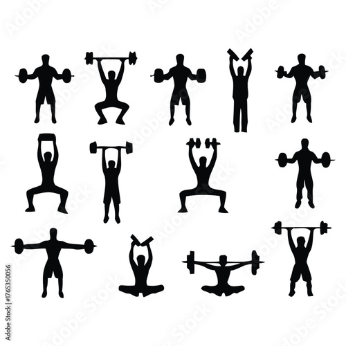 Set of 13 weightlifting vector silhouettes: athletes lifting barbells, Dumble, training, and competing. Perfect for sports, fitness, and strength illustrations