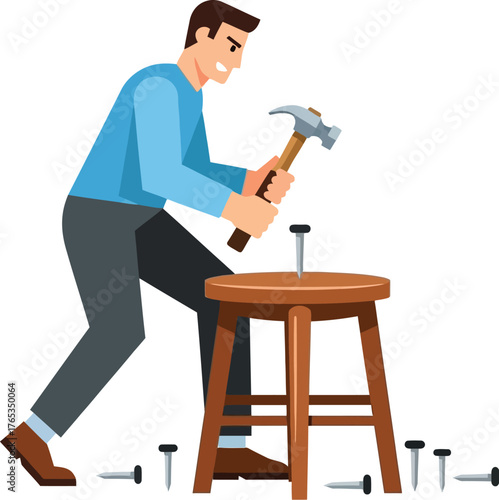 Focused man carefully hammering nails into a wooden stool