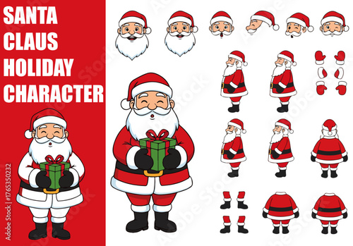 Santa Claus Character Constructor for Animation. Front, Side, Back View Set with Body Parts, Postures and Holiday Poses Collection. Vector Illustration.