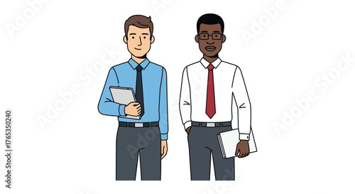 Two professional men standing together, one holding a tablet, representing teamwork and collaboration.