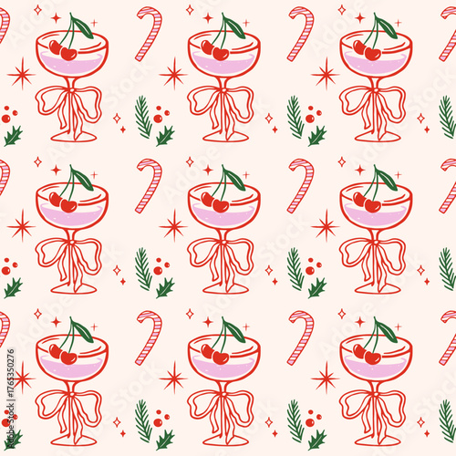 Seamless Christmas pattern with Christmas party cocktails and candy canes 