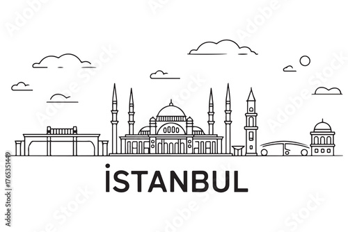 Istanbul Line Art skyline. Travel Istanbul famous landmarks. Business and tourism concept for presentation, banner, web site. with white background