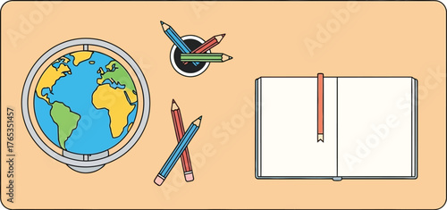 Desk with globe, pencils, and open notebook for learning and creativity