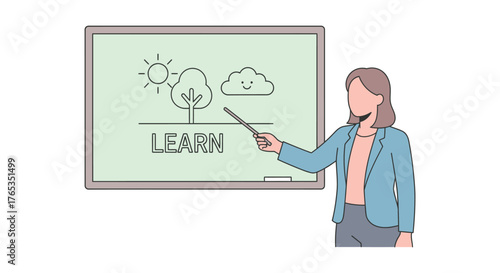 Teacher points to nature drawing on a whiteboard with the word LEARN