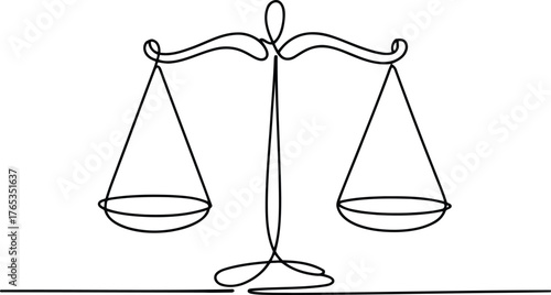 Minimal continuous line drawing of balance scale symbol representing justice, equality, fairness, and legal judgment concept