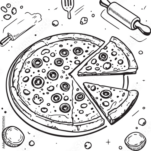 Sliced Pizza on Serving Plate Surrounded by Rolling Pins and Cooking Tools Vector (87 characters)
