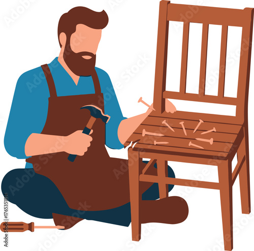 Skilled craftsman repairing a wooden chair with hammer and nails, focused on his work.