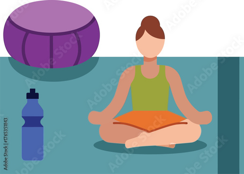 Person meditating in a serene yoga pose with a water bottle and cushion nearby.