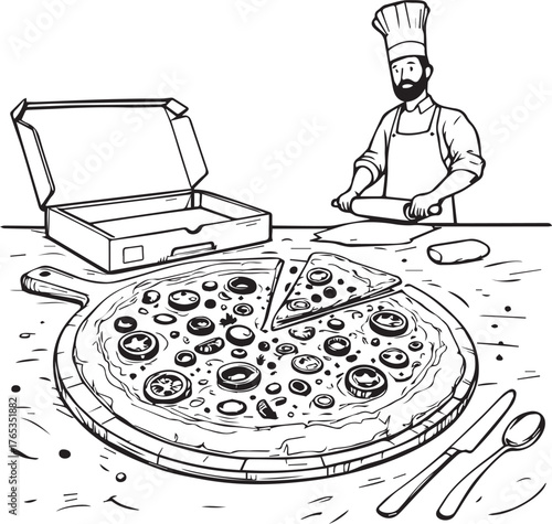 Chef Making Pizza Finished Product on Cutting Board and Delivery Box Vector Illustration (96 characters)