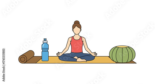 Person meditating peacefully on a yoga mat with water and cushion