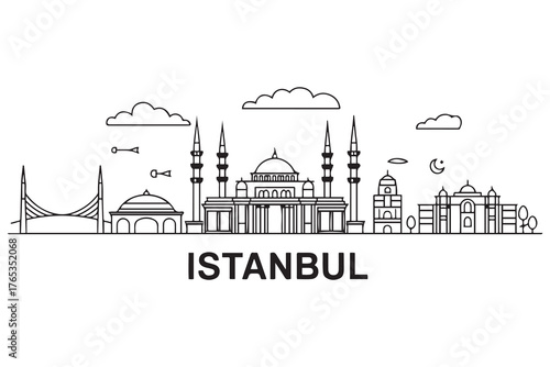 Istanbul Line Art skyline. Travel Istanbul famous landmarks. Business and tourism concept for presentation, banner, web site. with white background