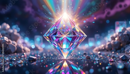 PNG diamond sparkle with crystal prism, rainbow spectrum, optical lens effect, neon light, magic glow, shine and glitter, colorful background, fantasy reflection and iridescent beam S