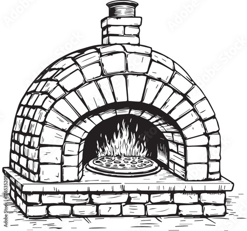 Traditional Brick Stone Pizza Oven with Fire and Cooking Pizza Vector Sketch Illustration (90 characters)