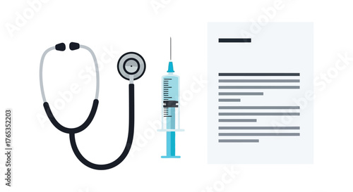 Medical tools including a stethoscope, syringe, and document represent healthcare and treatment.