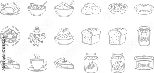 Hand-drawn Thanksgiving food set featuring traditional dishes in vector illustration style