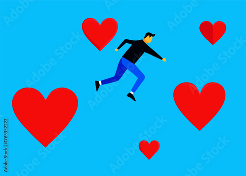 Man Stumbling Amidst Red Hearts on Blue Background