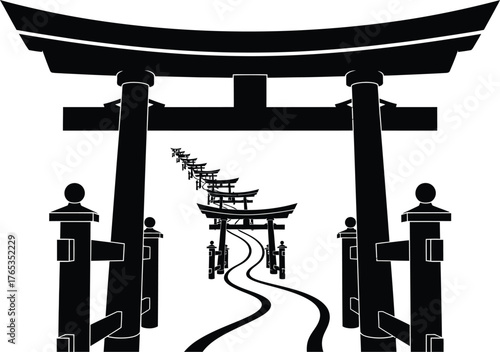Endless path through traditional Japanese torii gates leading to spiritual journey