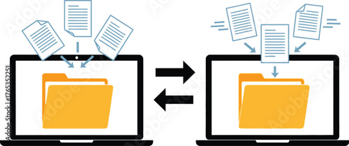 Digital file transfer between two laptops, illustrating data sharing and cloud synchronization.