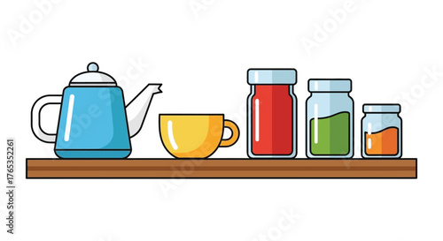 Cozy kitchen scene with teapot, cup, and jars of ingredients on a shelf