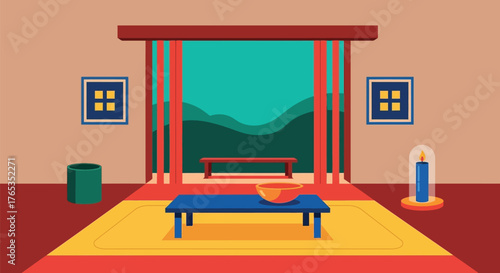 Serene minimalist interior with a view of stylized rolling hills through an open doorway.