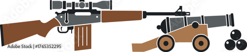 Modern rifle and historical cannon symbolize evolution of warfare