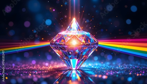 PNG diamond sparkle with crystal prism, rainbow spectrum, optical lens effect, neon light, magic glow, shine and glitter, colorful background, fantasy reflection and iridescent beam S