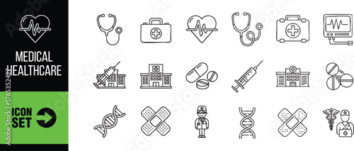 Medical healthcare icon set with heart, stethoscope, first aid kit, dna