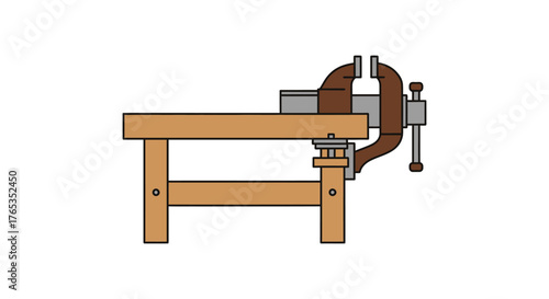 Sturdy workbench with a clamped vise, ready for woodworking projects
