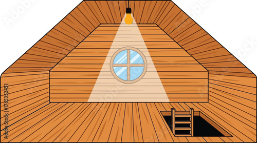 Cozy attic space with warm light illuminating a round window and a hidden ladder.