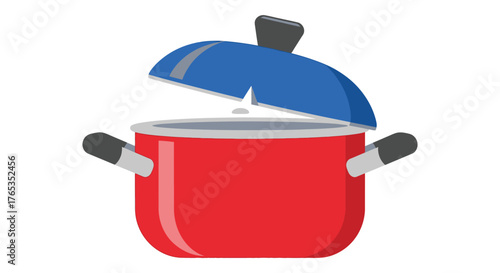 Bright red cooking pot with a blue lid partially open, ready for preparing delicious meals.