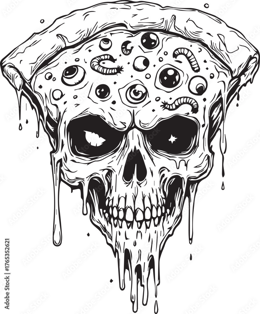 Fototapeta premium Horror Melting Pizza Skull Vector Illustration with Eyeballs and Worms Macabre Style (85 characters)