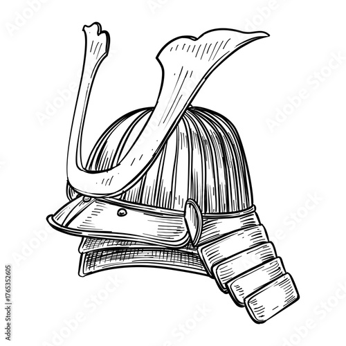 antique samurai helmet vector line art hand drawn illustration