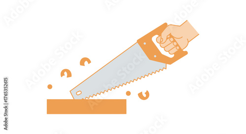 Hand holding a saw cutting through wood with sawdust flying