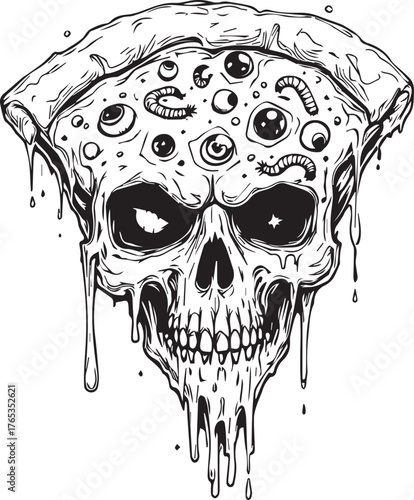 Horror Melting Pizza Skull Vector Illustration with Eyeballs and Worms Macabre Style (85 characters)