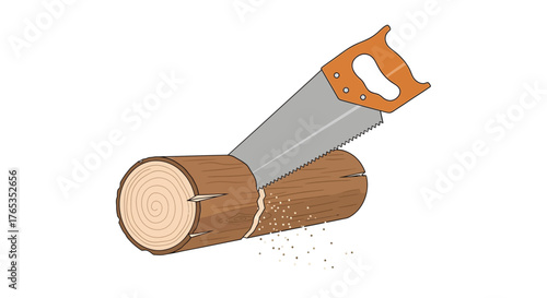 Handsaw cutting through a wooden log, creating sawdust