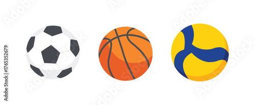 Collection of soccer, basketball, and volleyball balls, sports equipment illustration.
