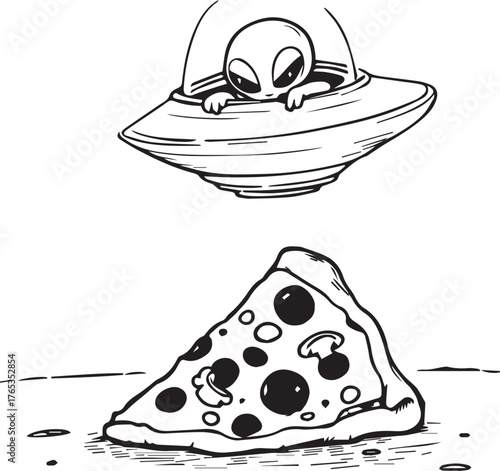 Funny Alien in UFO Abducting Giant Pizza Slice Vector Illustration Graphic Cartoon (94 characters)
