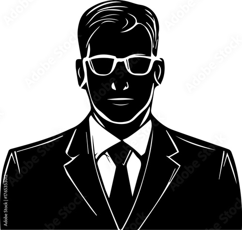 Man in a suit and tie with sunglasses on his face. The man is wearing a tie and a suit jacket