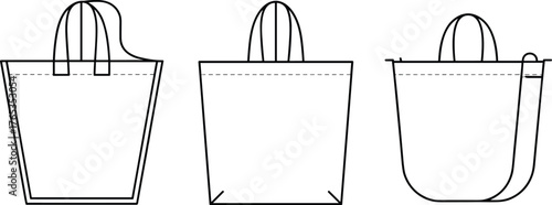 Tote bag flat sketch front side back view, canvas shopper bag vector template, fashion accessory CAD drawing illustration