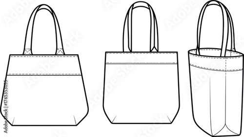 Tote bag flat sketch front side back view, eco canvas shopper bag vector template, minimalist fashion accessory CAD drawing illustration