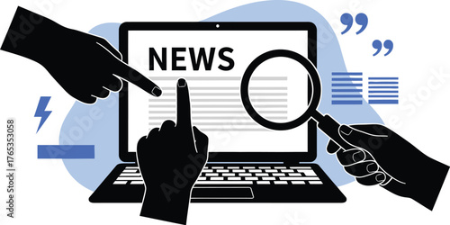Hands scrutinize online news on a laptop screen, symbolizing analysis and information gathering.