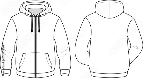 Front and back zip hoodie flat sketch, fashion vector template, casual sweatshirt CAD drawing, streetwear apparel technical design illustration