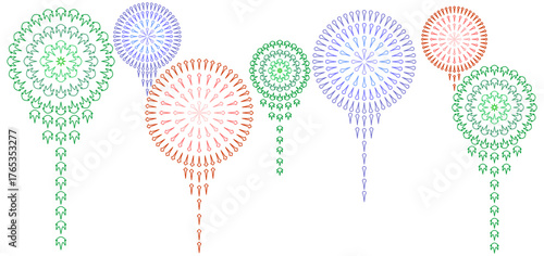 FIREWORK-6.eAbstract geometric pattern illustration featuring colorful circular mandala shapes resembling stylized fireworks or flowers. The artwork displays symmetrical arrangements in green, blue