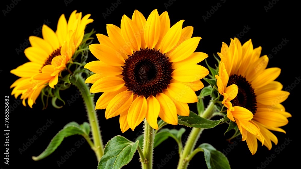 Obraz premium Three Sunflowers Black Background Bright
