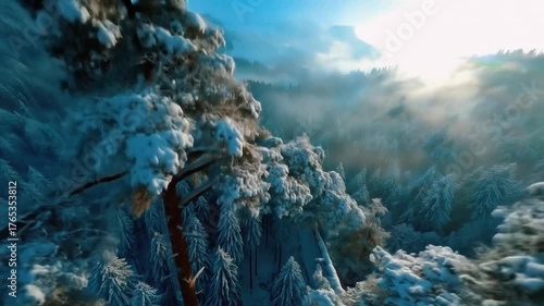 Snow covered forest landscape with pine trees and winter atmosphere
