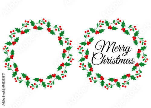 Tiempo de Navidad. Logo con mensaje Merry Christmas con corona navideña circular de ramitas, hojas y bayas de muérdago y acebo 